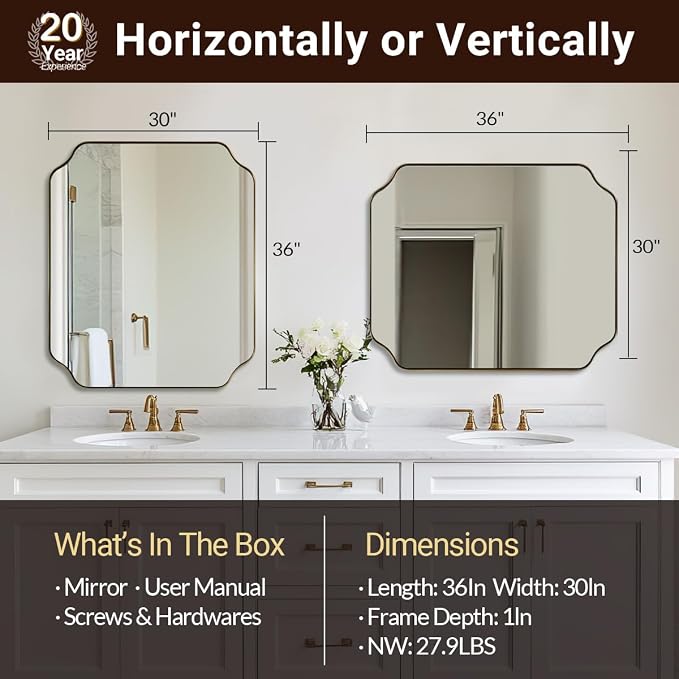 ANDY STAR 30"x36" Gold Bathroom Mirror, Brushed Brass Rectangle Mirror for Bathroom, Scalloped Vanity Mirror in Anti-Rust Stainless Steel Metal Thin Frame, Wall Mount Vertical or Horizontal
