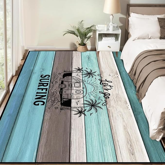 Surfing Area Rug Beach Van Palm Tree Carpet Retro Wood Grain Striped Rugs Non Slip Washable Floor Mat for Entryway Bedroom Living Room Nursery Playroom Home Decor,2'x3'