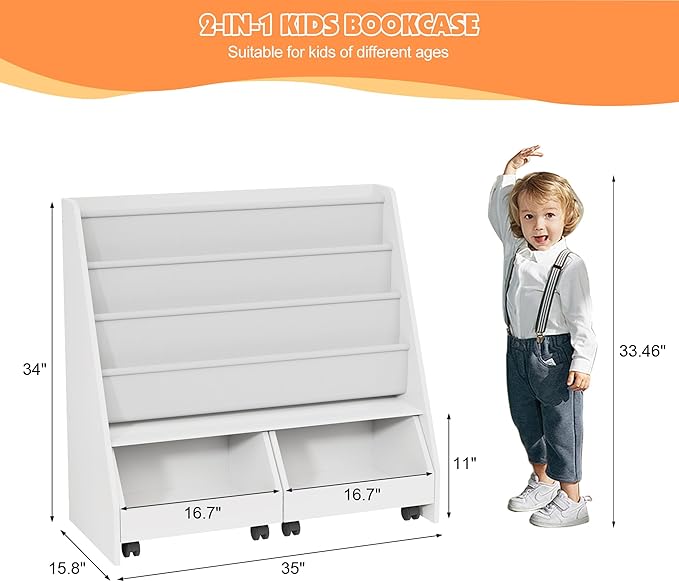 Kids Bookshelf with Two Movable Drawers Toddler Bookcase with Toy Storage Organizer Child Sling Book Rack Baby Cabinet Chest with Wheels for Nursery,Playroom,Bedroom,Living Room,Classroom
