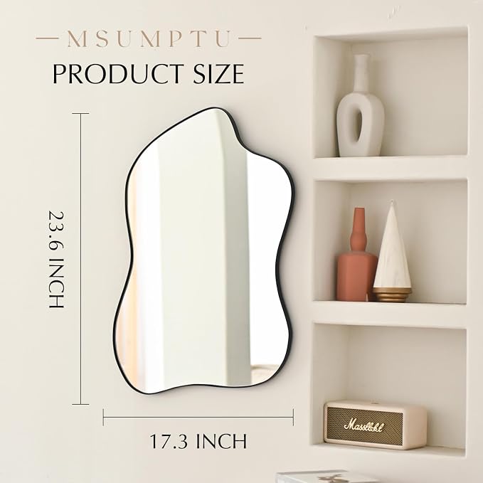 Irregular Wall Mirror Black Wave Shaped Metal Framed Wall Mirror for Bathroom Bedroom Entryway Living Room Wall Decor 24" L x 18" W 2305B