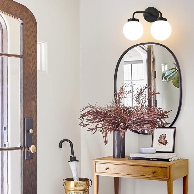 Black Bathroom Light Fixtures Over Mirror, Modern Vanity Lighting with Milk White Glass Globe Shades 2-Light Farmhouse Wall Sconce