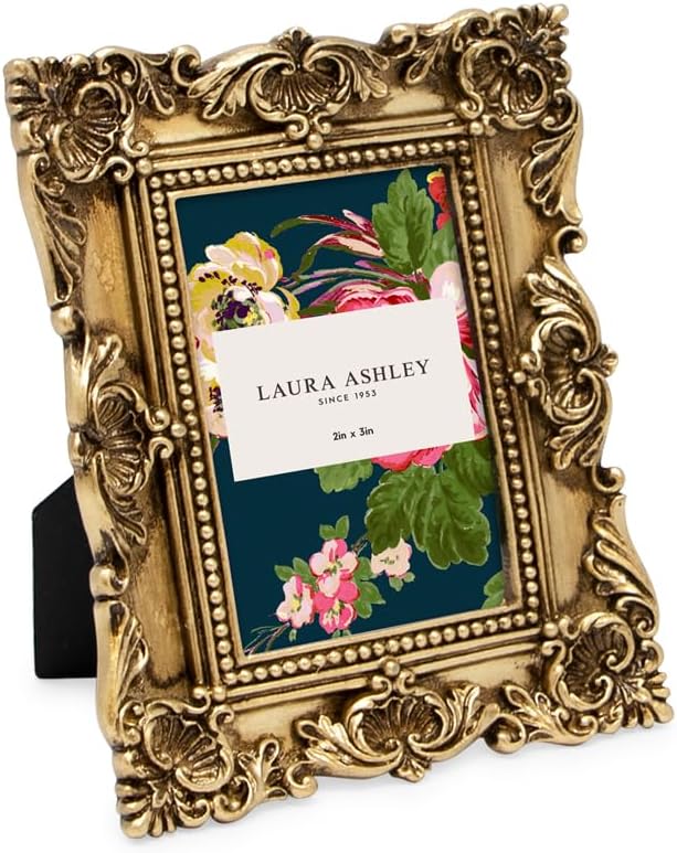 Laura Ashley 2x3 Gold Ornate Textured Hand-Crafted Resin Picture Frame with Easel, for Tabletop & Wall Display, Decorative Floral Design Home Décor, Photo Gallery, Art & More (2x3, Gold)