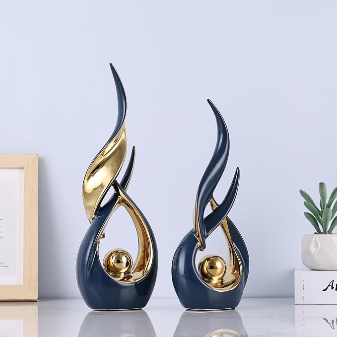 2 PCS Blue Gold Ceramic Statues For Home Decor Accents, Modern Abstract Art Sculptures, Elegant Tabletop Decorative Objects For Dining Room, Entryway, Tv Stand, Mantel, Coffee Table Centerpieces