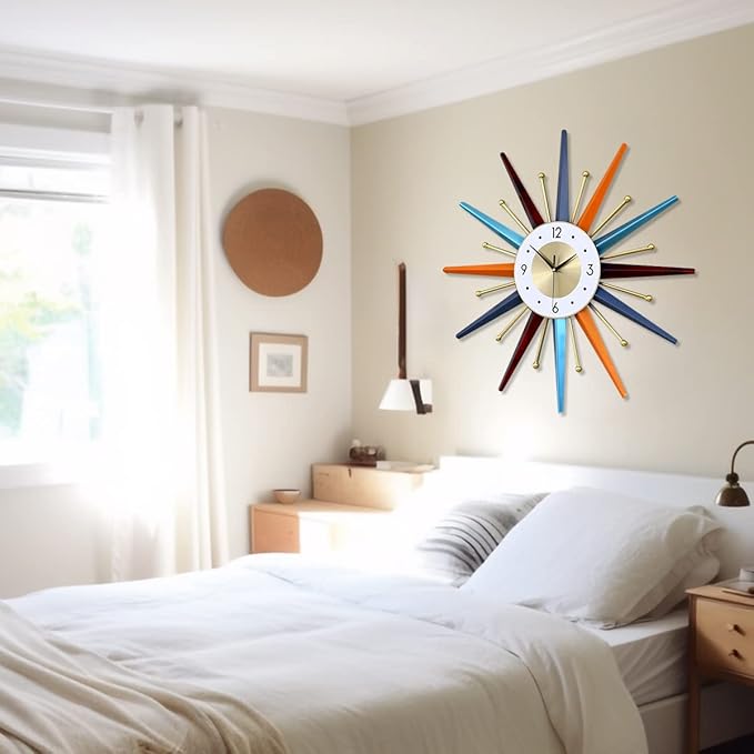 Large Wall Clock 22 Inch Modern Wall Clock Starburst Mid-Century Modern Decor Non-Ticking Battery Operated Colorful Clock Home Decorations for Living Room Bedroom Kitchen Office