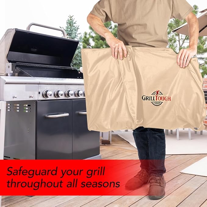 GrillTough Heavy Duty BBQ Grill Cover for Outdoor Grill, 72 Inch – Waterproof, Weather Resistant, UV & Fade Resistant with Adjustable Straps – Gas Grill Cover for Weber, Genesis, Charbroil, etc. Tan