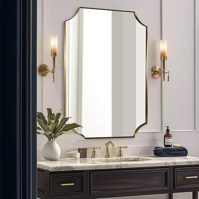 ANDY STAR 30x40 Inch Brushed Gold Mirror, Gold Scalloped Bathroom Mirror, Unique Rectangle Mirror in Never-Rust Stainless Steel Metal Frame, Wall Mount Vertical or Horizontal