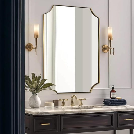 ANDY STAR 30x40 Inch Brushed Gold Mirror, Gold Scalloped Bathroom Mirror, Unique Rectangle Mirror in Never-Rust Stainless Steel Metal Frame, Wall Mount Vertical or Horizontal