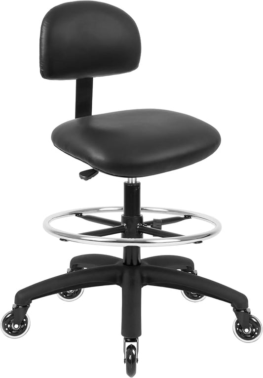 Chair Master FSS Series Square seat Tall (25"-35") seat Height Chair. Vinyl-for Office, Garage, Desk, Shop, Computer, Doctor, Medical, Easy to Clean! 18" Footring (Black, Tall, Rubber Roller Casters)