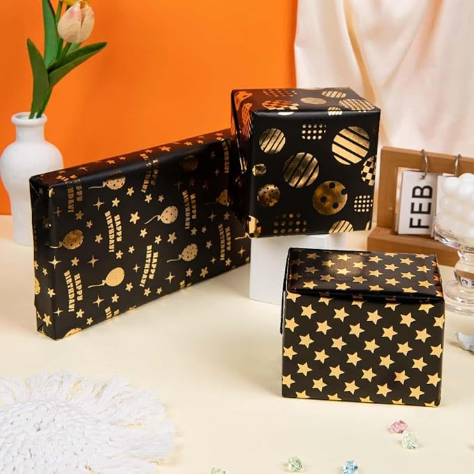 Birthday Wrapping Paper Roll -3 LARGE ROLL-27inch*78 inch per roll Colorful Foil wrapping paper Design for Holiday, Party, Celebration (Birthday 3 Black/Gold（010）)