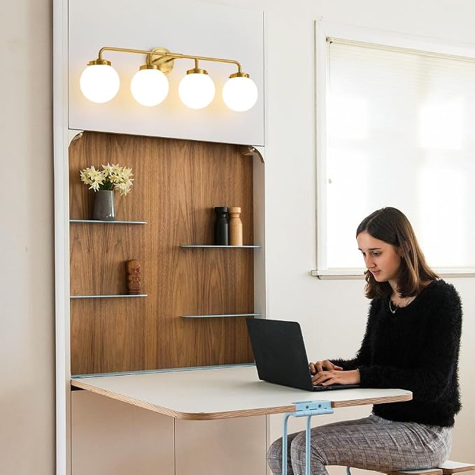 Bathroom Light Fixtures Gold Vanity Lights Over Mirror, Modern Wall Sconce Lighting 4-Light with White Glass Globe Shade