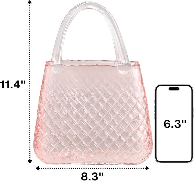 Purse Vase, Glass Bag Vase, Glass Purse Vase for Flowers, Pink Vases, 12 Inch Large Flower Vase with Embossed Pattern for Wedding, Living Room, Bedroom, Table, Office(Round)
