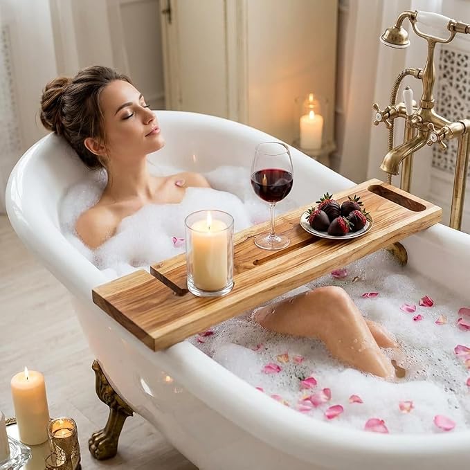 EcoDecors Eleganto 42" Live Edge Solid Teak Bath Caddy Tray with Handle, Book & Tablet Holder, Wine Glass Holders, Luxury Bathtub Tray