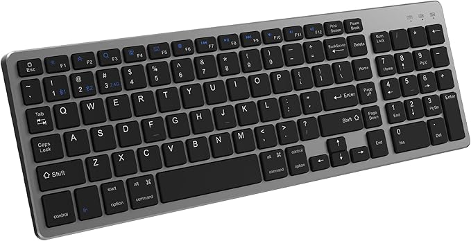 JKSML Wireless Keyboard with 102 Keys, Bluetooth and 2.4 GHz Wireless, Low Profile, Number Pad, Fluid Quiet Typing, 12 Programmable Keys, USB C Rechargeable, for Phone, Tablet, PC, Laptop, TV - Black