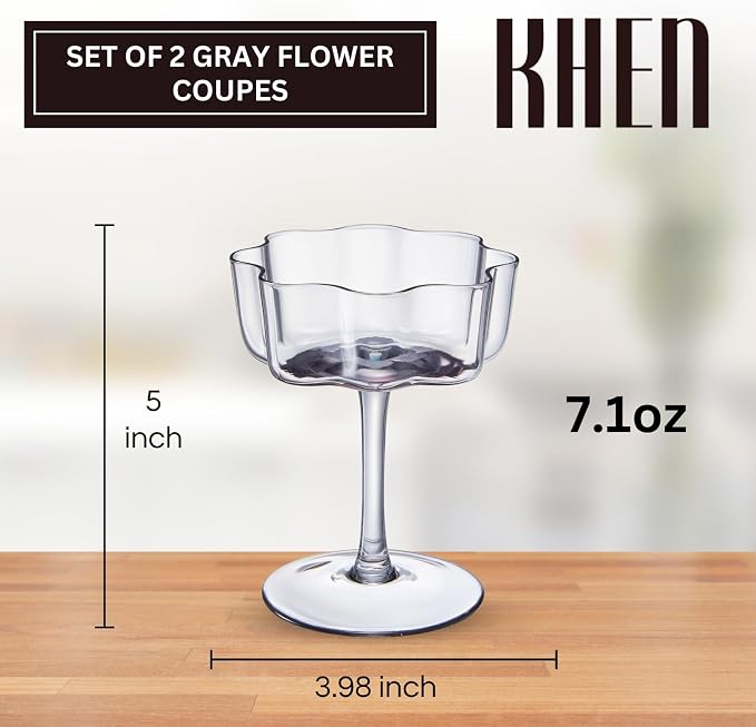 Khen Flower Vintage Wavy Glass Coupes Martini, Champagne & Cocktail Coupes - Set of 2-7oz Colorful Cocktail Glasses & Champagne, Prosecco, Mimosa Glassware Copyright Design - Gray