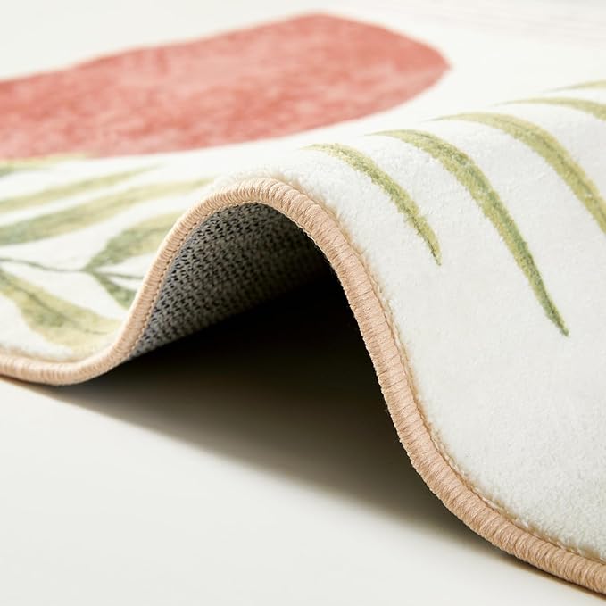 RoomTalks Mid Century Modern Washable Rug, Boho Cute Aesthetic 4x6 Area Rugs for Bedroom Dining Living Room Kitchen, Abstract Tropical Leaves Non Slip Thin Indoor Entryway Rug Accent Floor Carpet