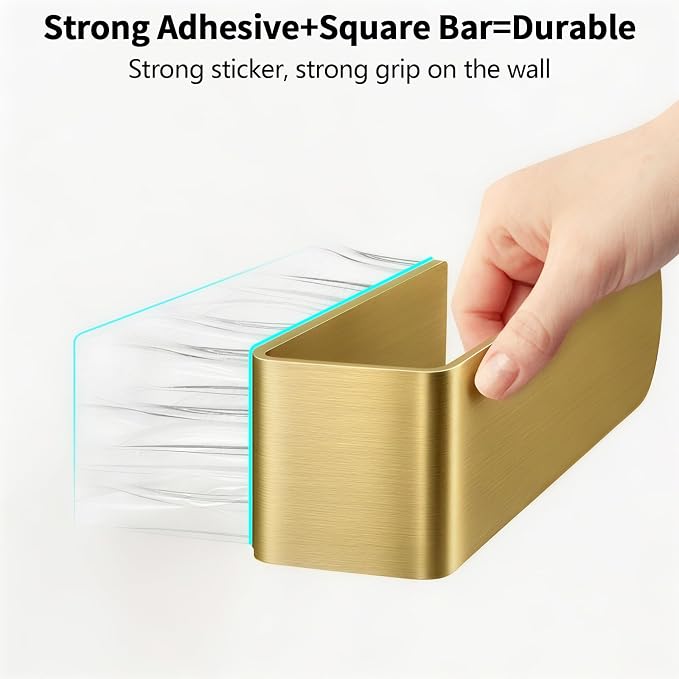 2 Pack Gold Hand Towel Holder, Adhesive Towel Bars Wall Mounted, 8 Inch Square Hand Towel Racks Stick on Wall for Bathroom Kitchen