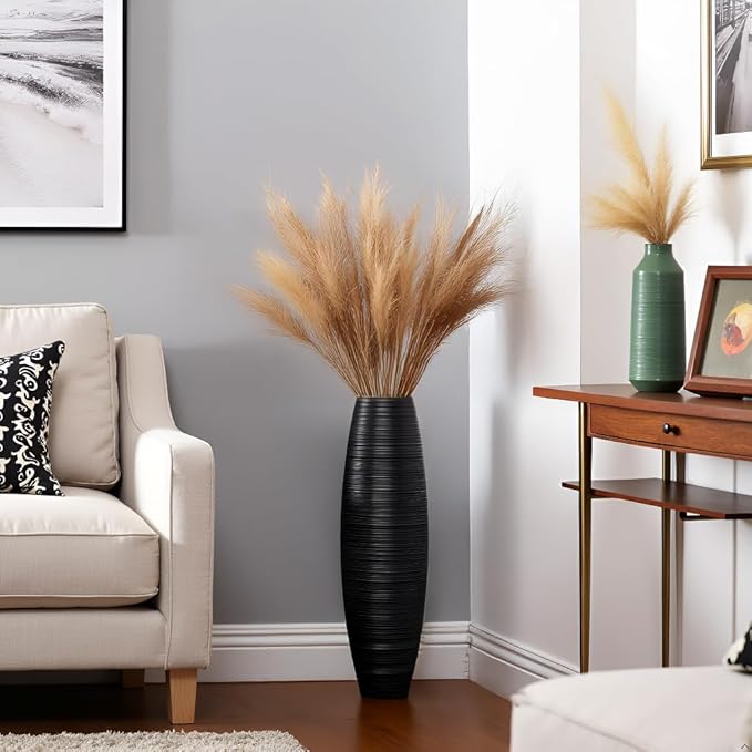 Tall Floor Vase, 27.5 inches (70cm, 2.3FT) Floor Vase Sturdy, Luxury, Textured for Decorative Branches Dried Flowers, Tall Vases for Rustic Living Room, Home Decor, Resin Black Vases
