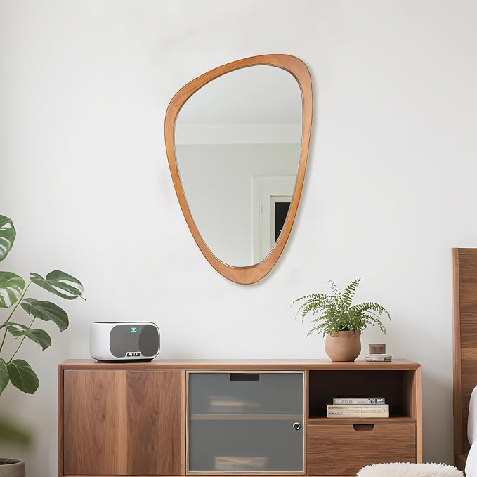 Irregular Wall Mirror Asymmetrical Bathroom Mirror, Wall Mounted Decorative Mirror with Wooden Frame for Living Room, Vanity, Bedroom, Entryway, Hallway (19" x 30")