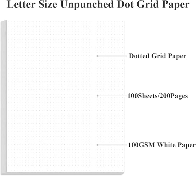 Unpunched Dotted Paper, Letter Size 100Sheets / 200Pages Loose-Leaf Paper, 100gsm White Paper, 8.5'' x 11''