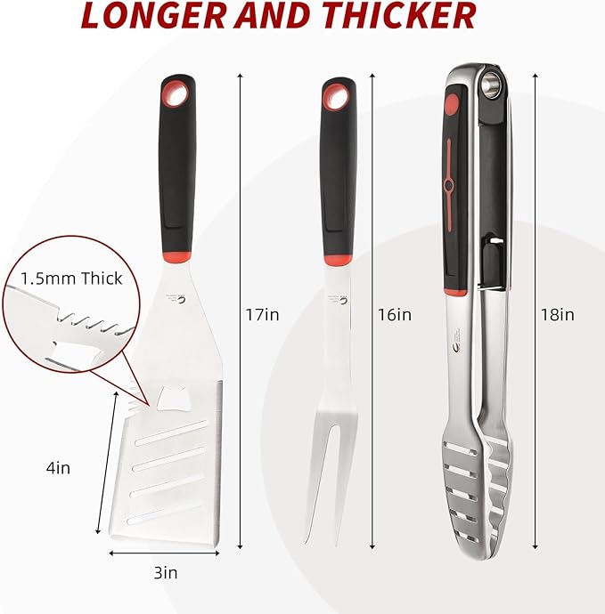 CuCut BBQ Tools Set, 4 PCS Heavy Duty Stainless Steel Spatula, Fork, Tongs with Portable Bag, Essential Accessories for Barbecue Outdoor Grill, Grilling Gifts for Men Dad Camp Chef