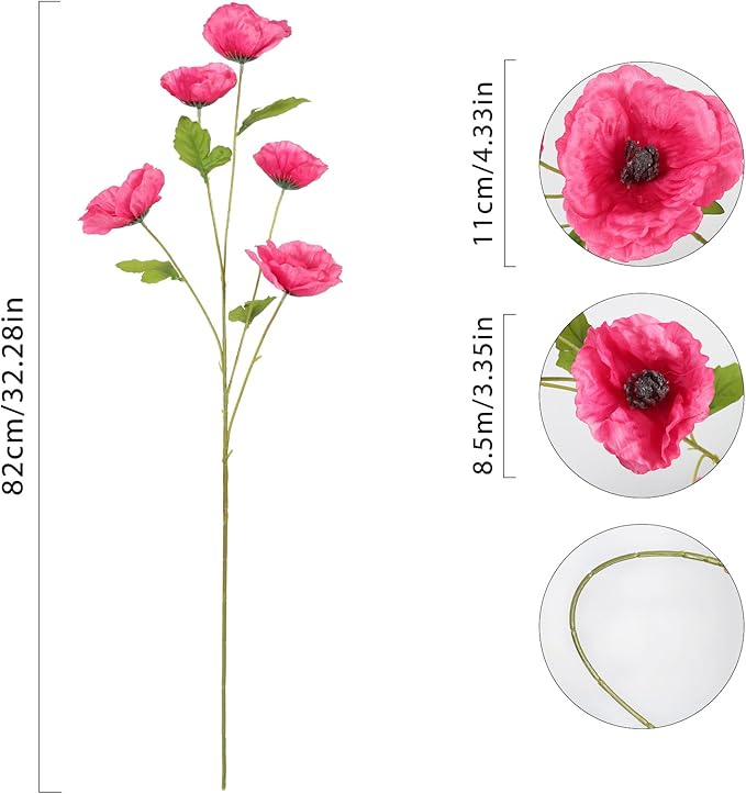 Poppies Flowers Artificial Silk Flowers 6PCS 32in Artificial Poppies Flowers for Wedding Home Party Table Centerpiece Arrangement Decoration (Hot Pink)