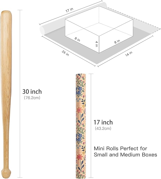 RUSPEPA Kraft Floral Wrapping Paper Roll for Girls Women, Mini Roll, Garden Flower Design, Wildflower Kraft Gift Wrap for Birthday, Spring, Summer, Mother's Day, Bridal Shower, 17 Inches x 9.8 Feet