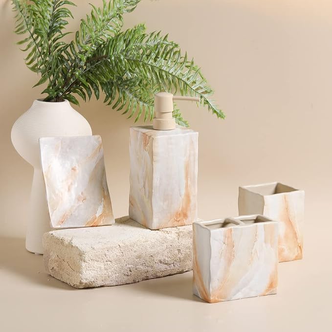 RQYIXI Bathroom Accessories Set 4 Pcs Marble Look Sets Toothbrush Holder Soap Dispenser Counter Top Ceramic Bathroom Decor Set Beige