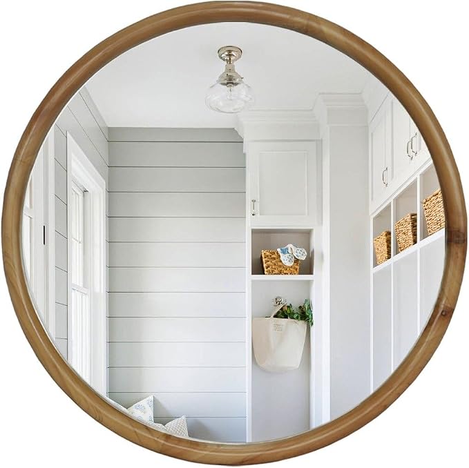 27.56" Round Wood Framed Wall Mirror, Natural Wooden Circle Mirror for Bathroom Entryway Living Room, Mid-Century Modern Decorative Mirror