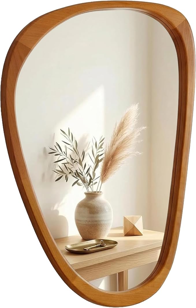 Solid Wood 30"x20" Irregular Asymmetrical Mirror, Japandi Boho Organic Shaped Decorative Accent Mirror, Small Natural Honey Walnut Wooden Wall-Mounted Mirror, Warm Walnut