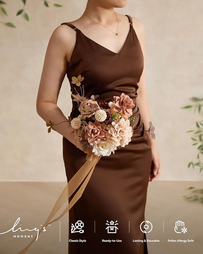 Ling's moment Gold Sparrow Bridesmaid Bouquet, Wedding Bouquets for Bridesmaids, 7 Inch Bridal Bouquets for Bridesmaids, Wedding, Ceremony, Anniversary, etc.