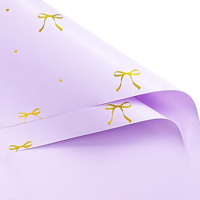 WRAPAHOLIC 20 Sheets Flower Wrapping Paper - 22.4 x 22.4 inch Purple Bow Water-Resistant Floral Bouquet Wrapping Paper, Florist Supplies Packaging for Wedding Birthday Gift DIY