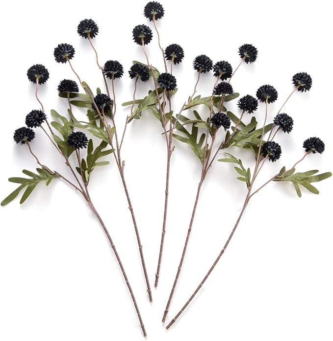Laelfe Black Kiku Artificial Flower - 5 Pcs Fake Pompon Mums Silk Small Chrysanthemum Faux Ball Fall Flower Stem Decor for Halloween Wedding Filler DIY Bouquet Centerpieces Arrangements Shower(Black)