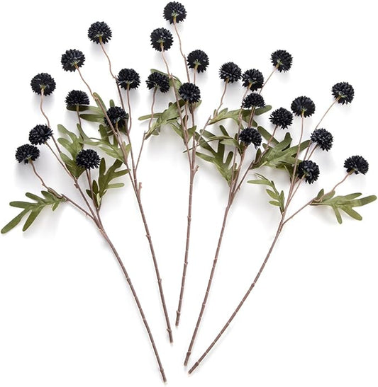 Laelfe Black Kiku Artificial Flower - 5 Pcs Fake Pompon Mums Silk Small Chrysanthemum Faux Ball Fall Flower Stem Decor for Halloween Wedding Filler DIY Bouquet Centerpieces Arrangements Shower(Black)