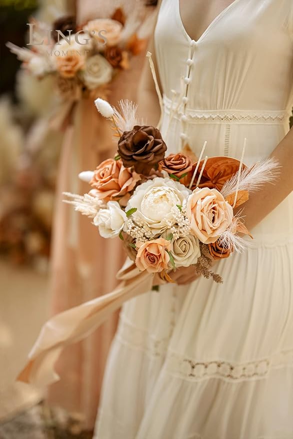 Ling's moment Artificial Flowers Boho Bridesmaid Bouquet, Terracotta Wedding Flower Bouquets for Bridesmaids, 7 Inch Bridal Bouquets for Bridesmaids, Wedding Decor, Ceremony, Anniversary, etc.