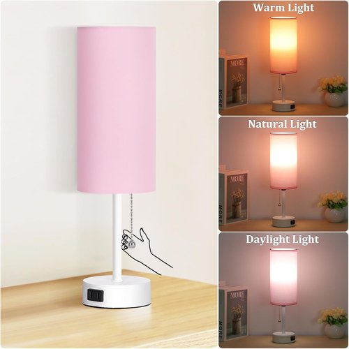 Dott Arts Table Lamp - 3-Color Bedside Lamp with Pull Chain | Pink Nightstand Light, Bulb Included