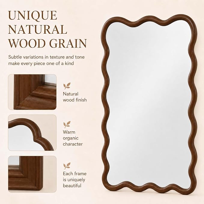 20x30 Inch Asymmetrical Wall Mirror Wood,Rustic Irregular Shaped Vanity Mirror for Bathroom,Bedroom, Living Room, Entryway, Fireplace,Wall Decor,Solid Wooden Frame (Black + Dark Walnut, 20"x30" Inch)