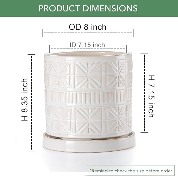 Ceramic Plant Pots Indoor-Outdoor: 8 Inch Embossed Planters with Drainage Hole & Saucer - Modern Decorative Flower Pots for Home Garden Patio Office Decor