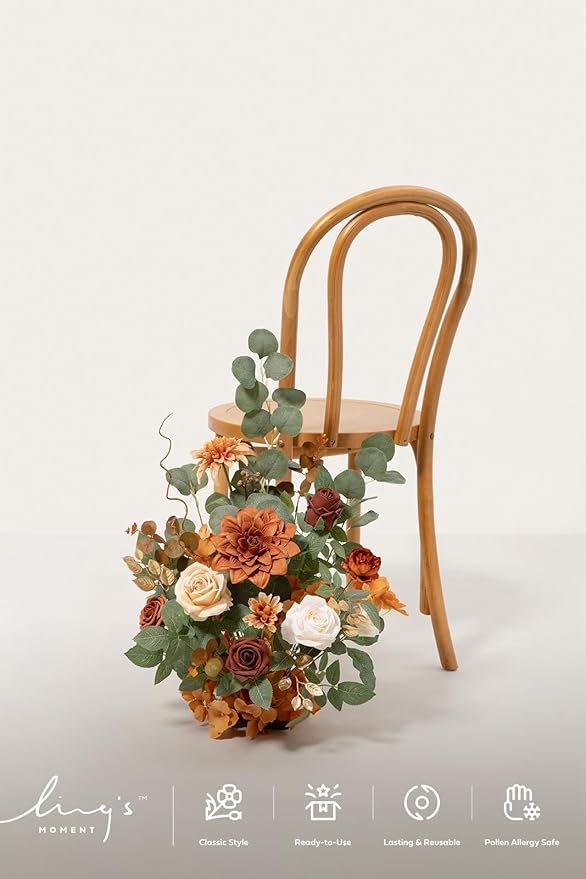 Ling's moment 17.5" Tall Standing Artificial Flowers Arrangements 2 pcs Wedding Aisle Runner Chair Decorations Terracotta & Burnt Orange Centerpieces for Ceremony Reception Rose Floral Party Outdoor