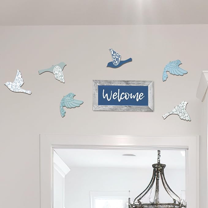 Wesiti 6 Pcs Blue Wooden Bird Wall Decor Scandinavian Wall Art Rustic Farmhouse Flying Bird Decor for Home Living Room Bedroom Decorations