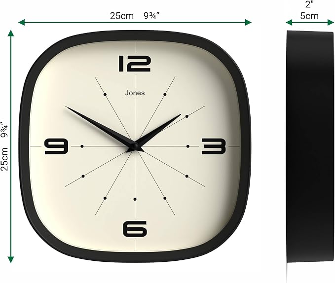JONES CLOCKS® Pulsar wall Clock | Square Rounded Retro Clock | 10 inch | Black | Cool Designer Look for Kitchen, Living Room or Office