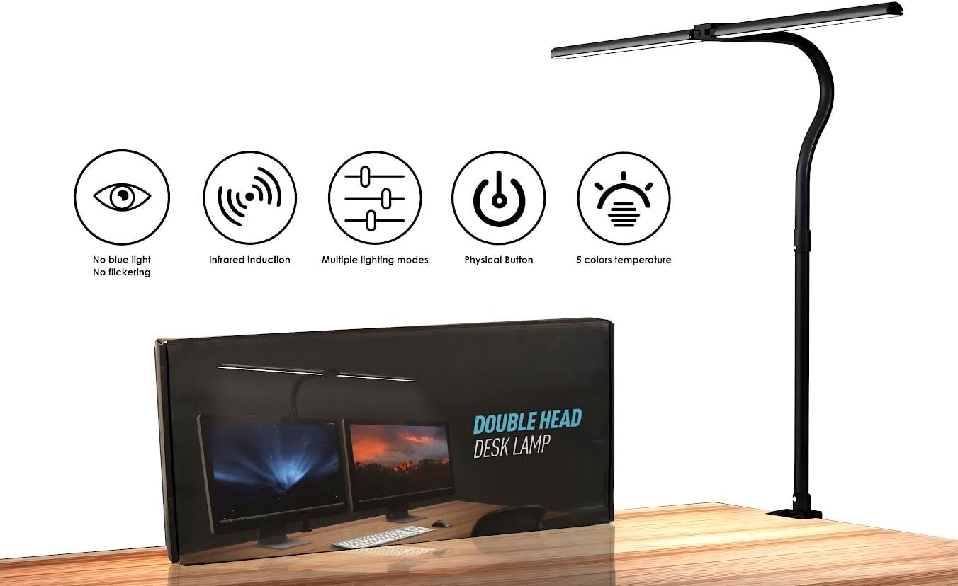 Skiennix LED Desk Lamp - Dimmable Clip-On Light with Gooseneck Design for Home Office & Reading - Black
