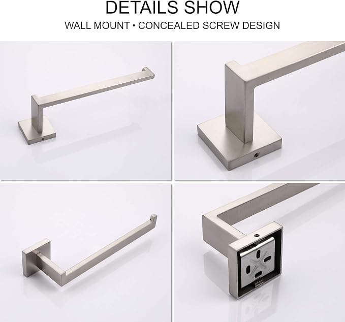 TASTOS Premium Stainless Steel Hand Towel Holder, Square Hand Towel Ring Heavy Duty Wall Mounted Modern Hand Towel Bar for Bathroom Kitchen, Brushed Nickel