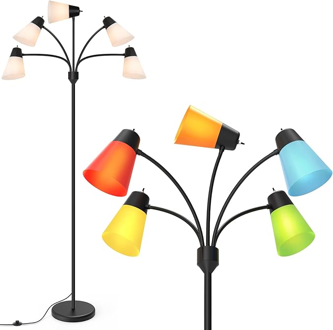 FOLKSMATE LED Floor Lamp, Medusa Multi Head Modern Tall, Rustic Adjustable Reading Standing Light for Living/Kids Room, Bedroom, Black