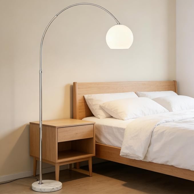 MIXL-Milk Glass Shade Arc Floor Lamp,Marble Base Arch Lamp,Chrome Flexible Rod Standing Light,Modern Floor Lamps for Living Room Office