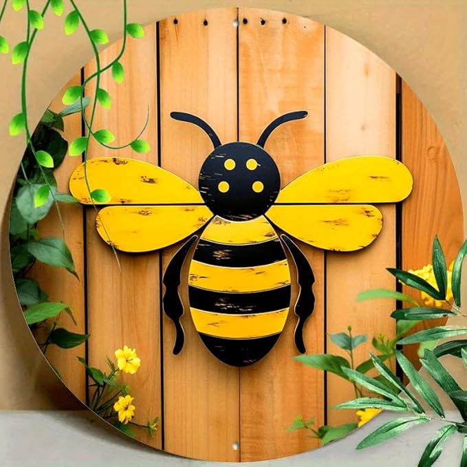 1pc, Round 8x8inch(20x20cm) Aluminum Bee Wall Art Decor, Set of 1, Aluminum Outdoor Sign - Weather Resistant, Pre-Drilled, Waterproof for Home, Living Room, Coffee Shop, Office Decoration