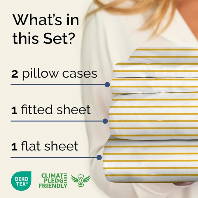 Yellow Striped Sheets - 1 Flat & 1 Fitted Sheet & 2 Pillowcases w/ Deep Pockets - Cozy, Wrinkle & Fade Resistant - Ultra-Soft, Comfy, Breathable & Cooling - Luxury Pinstripe Bedding - Full Size
