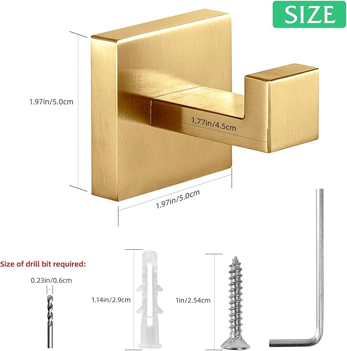 Heavy Duty Stainless Steel Towel Hooks, Wall Mounted Square Robe Hooks for Bathroom, Kitchen, Bedroom, Hotel Brushed Gold 2 Pack