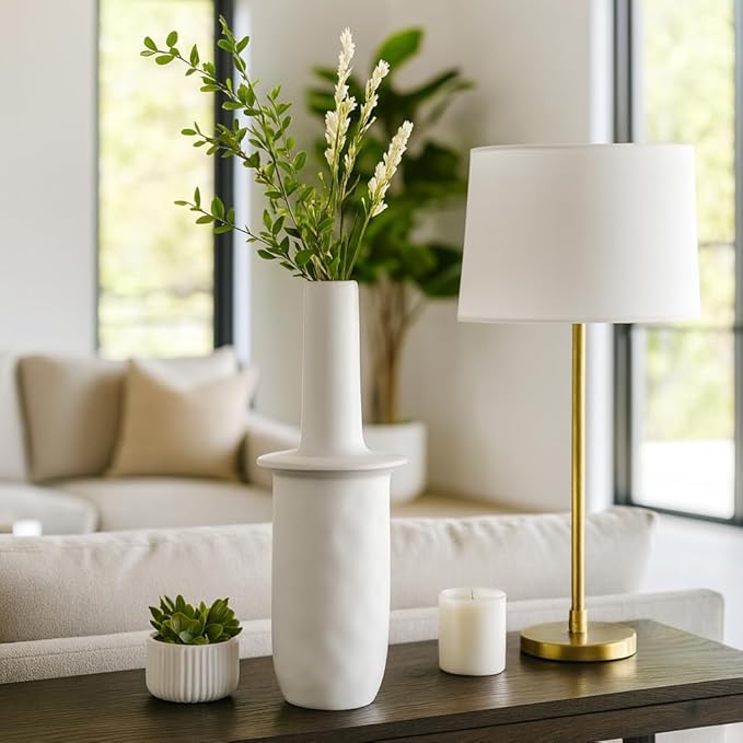 Ceramic Flower Vase for Living Room Decor – Elegant Tall Home and Office Vase with Unique Flared Top Perfect for Fresh Florals – A Modern Centerpiece for House, Bedroom, and Tabletop – 22" Ivory