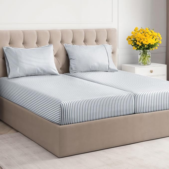 Striped Sheets - Blue & White Striped Sheets - 1 Flat & 2 Fitted & 2 Pillowcases w/ Deep Pockets – Wrinkle & Fade Free - Soft, Breathable and Cooling - Luxury Pinstripe Bedding - Split King Size Set