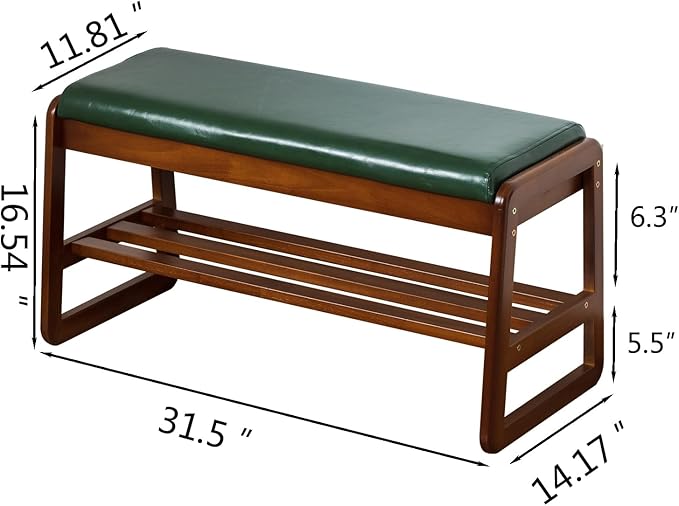 SOBIBO Solid Wood Shoe Bench, 2-Tier Entryway Bench with Cushion and Flip-Open Storage Box, Mid-Century Modern Shoe Bench Rack for Hallway, Mudroom(Green, 31.5'')